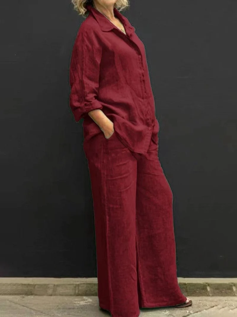 Damen Leichtes Leinen-Loungewear-Set mit Oversized-Hemd und weiter Palazzo-Hose Nord Taschen