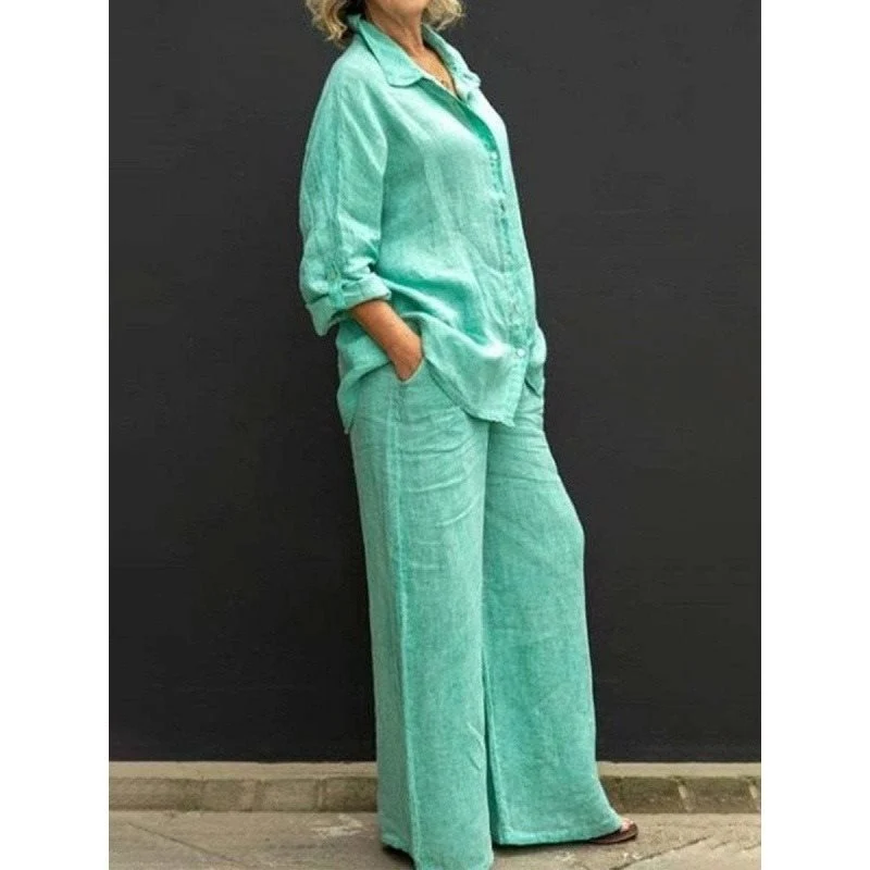 Damen Leichtes Leinen-Loungewear-Set mit Oversized-Hemd und weiter Palazzo-Hose Nord Taschen