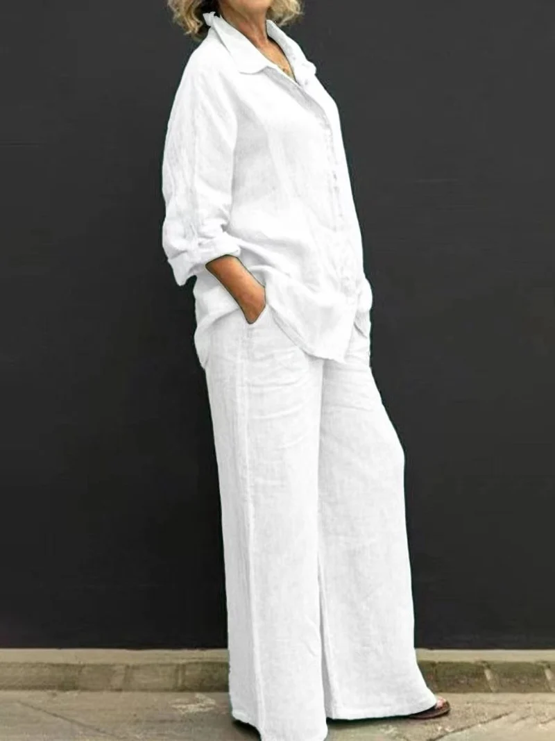 Damen Leichtes Leinen-Loungewear-Set mit Oversized-Hemd und weiter Palazzo-Hose Nord Taschen