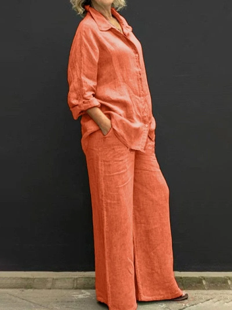 Damen Leichtes Leinen-Loungewear-Set mit Oversized-Hemd und weiter Palazzo-Hose Nord Taschen