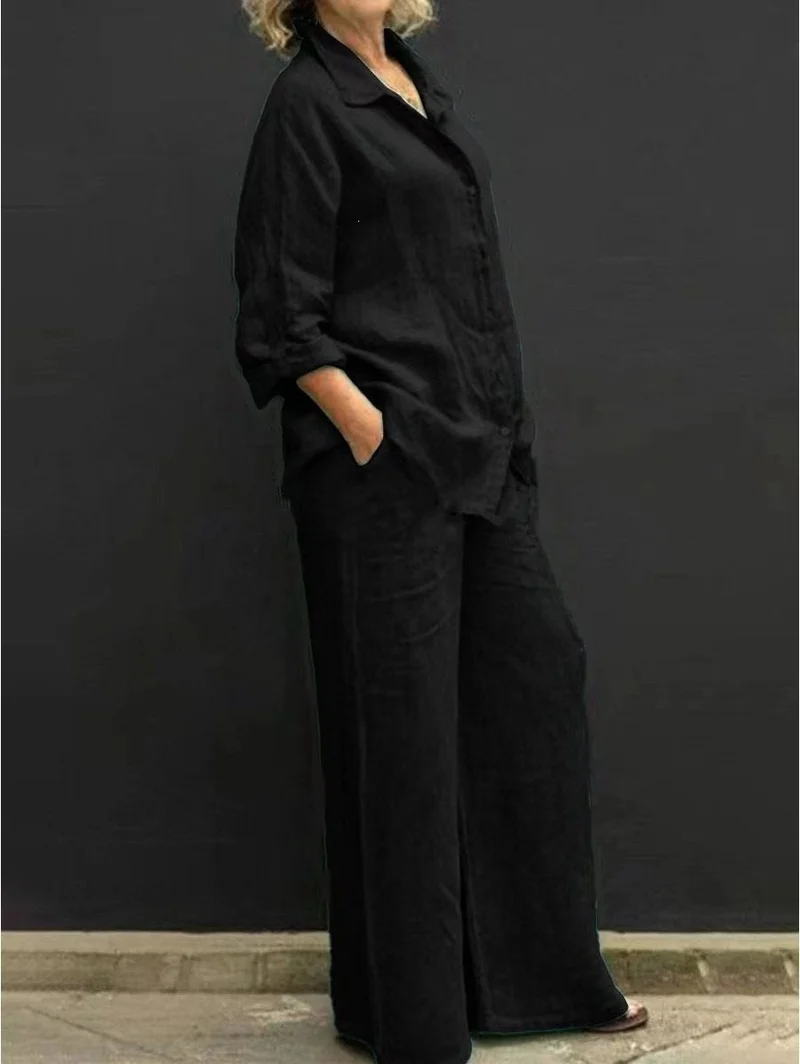 Damen Leichtes Leinen-Loungewear-Set mit Oversized-Hemd und weiter Palazzo-Hose Nord Taschen
