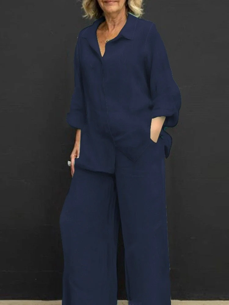 Damen Leichtes Leinen-Loungewear-Set mit Oversized-Hemd und weiter Palazzo-Hose Nord Taschen