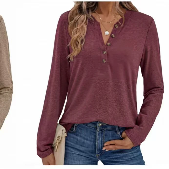 Damen Leichtes Henley-Longsleeve mit V‑Ausschnitt, Knopfleiste und legerer Passform Nord Taschen
