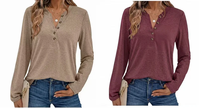 Damen Leichtes Henley-Longsleeve mit V‑Ausschnitt, Knopfleiste und legerer Passform Nord Taschen