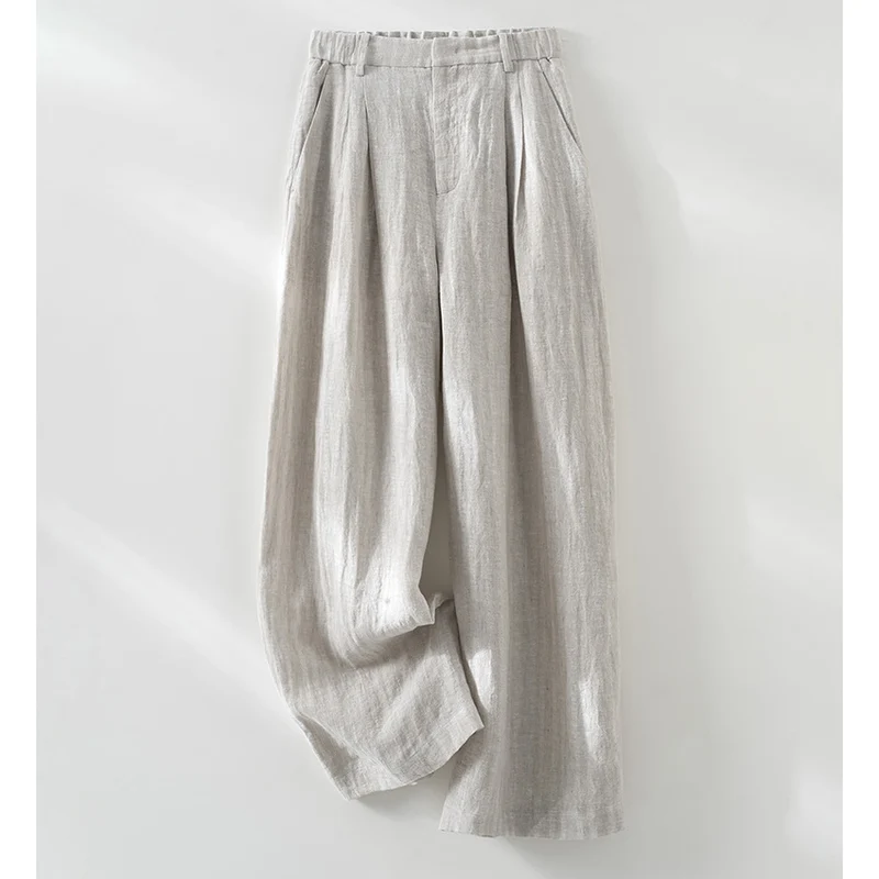 Damen Weite Leinenhose mit hoher Taille, Bundfalten und legerer Palazzosilhouette Nord Taschen