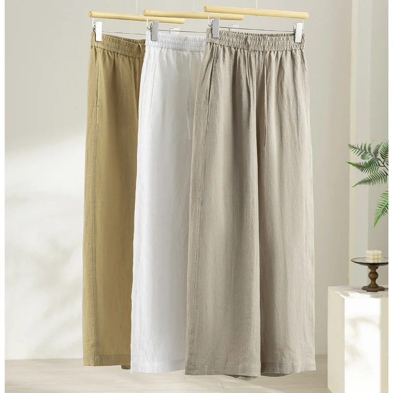 Damen Weite Leinen‑Optik Palazzohose mit elastischem Bund und fließender Silhouette Nord Taschen