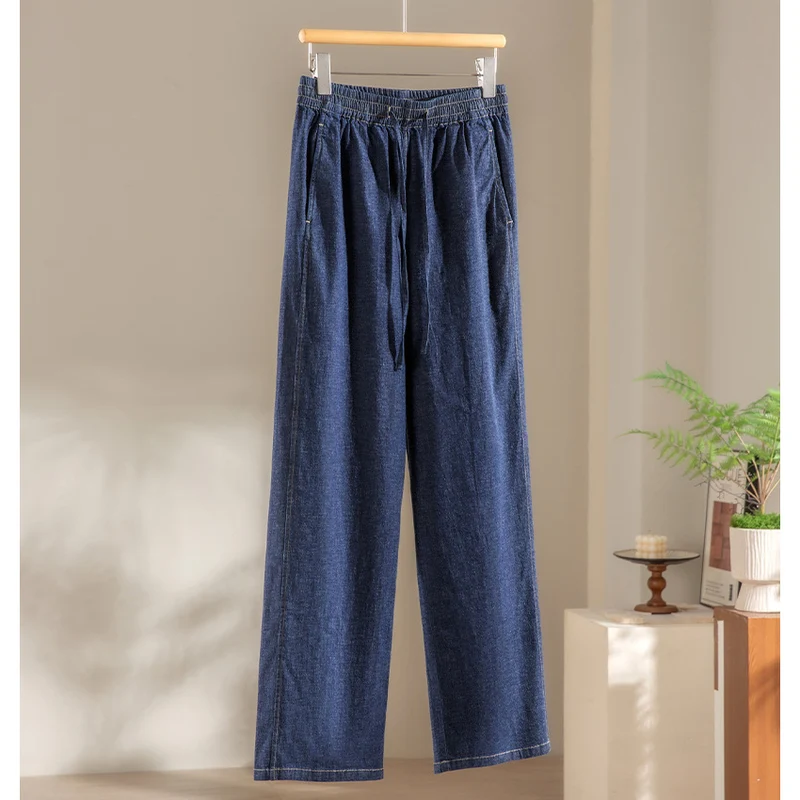 Damen Weite Jeanshose mit elastischem Bund und Tunnelzug Nord Taschen