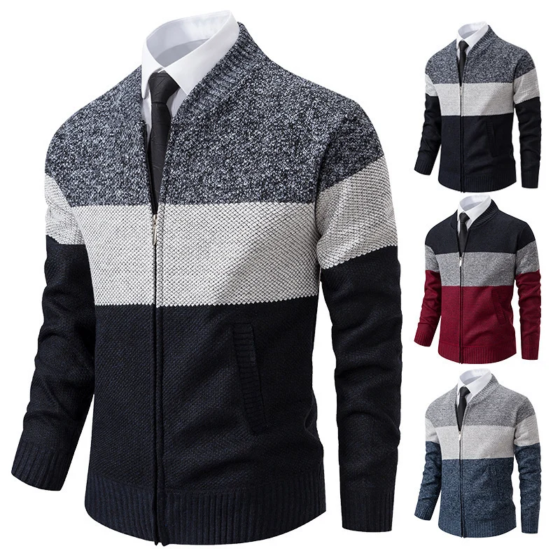 Herren Strukturierte Blockstreifen‑Strickjacke mit Frontzip, Stehkragen und Eingrifftaschen Nord Taschen