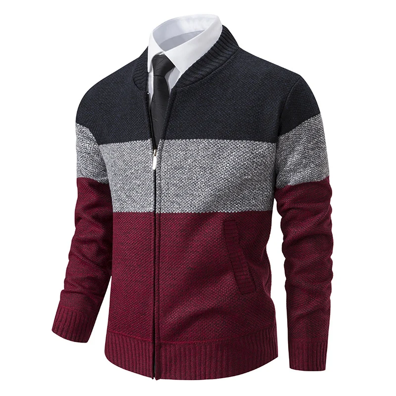 Herren Strukturierte Blockstreifen‑Strickjacke mit Frontzip, Stehkragen und Eingrifftaschen Nord Taschen