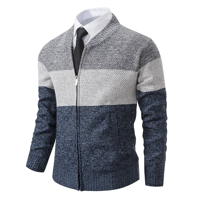 Herren Strukturierte Blockstreifen‑Strickjacke mit Frontzip, Stehkragen und Eingrifftaschen Nord Taschen
