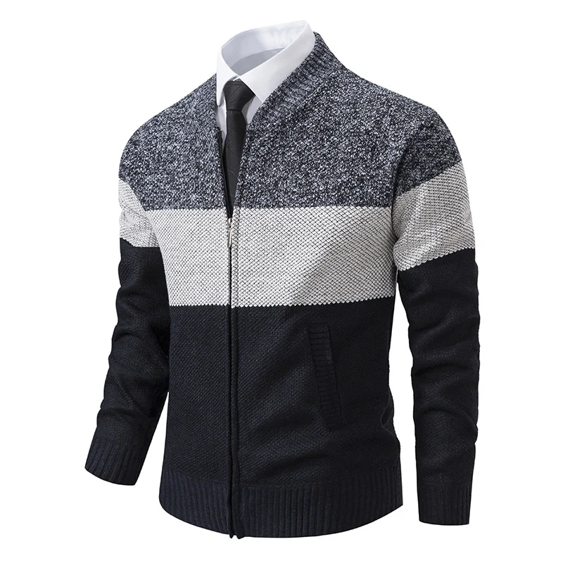 Herren Strukturierte Blockstreifen‑Strickjacke mit Frontzip, Stehkragen und Eingrifftaschen Nord Taschen