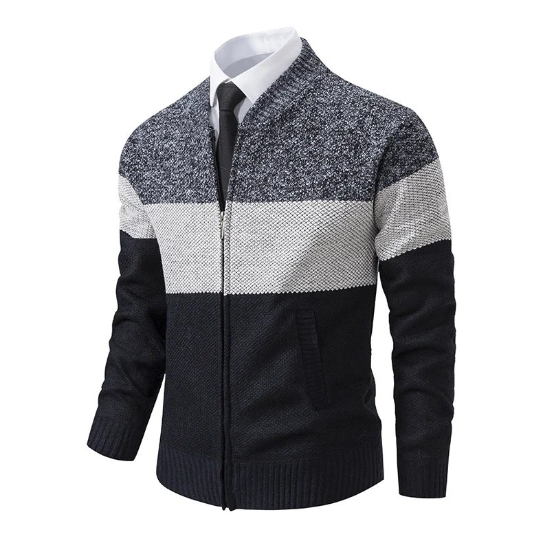 Herren Strukturierte Blockstreifen‑Strickjacke mit Frontzip, Stehkragen und Eingrifftaschen Nord Taschen