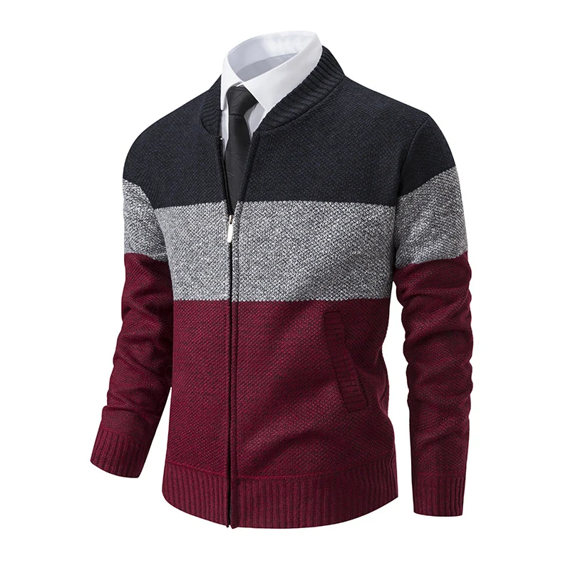 Herren Strukturierte Blockstreifen‑Strickjacke mit Frontzip, Stehkragen und Eingrifftaschen Nord Taschen