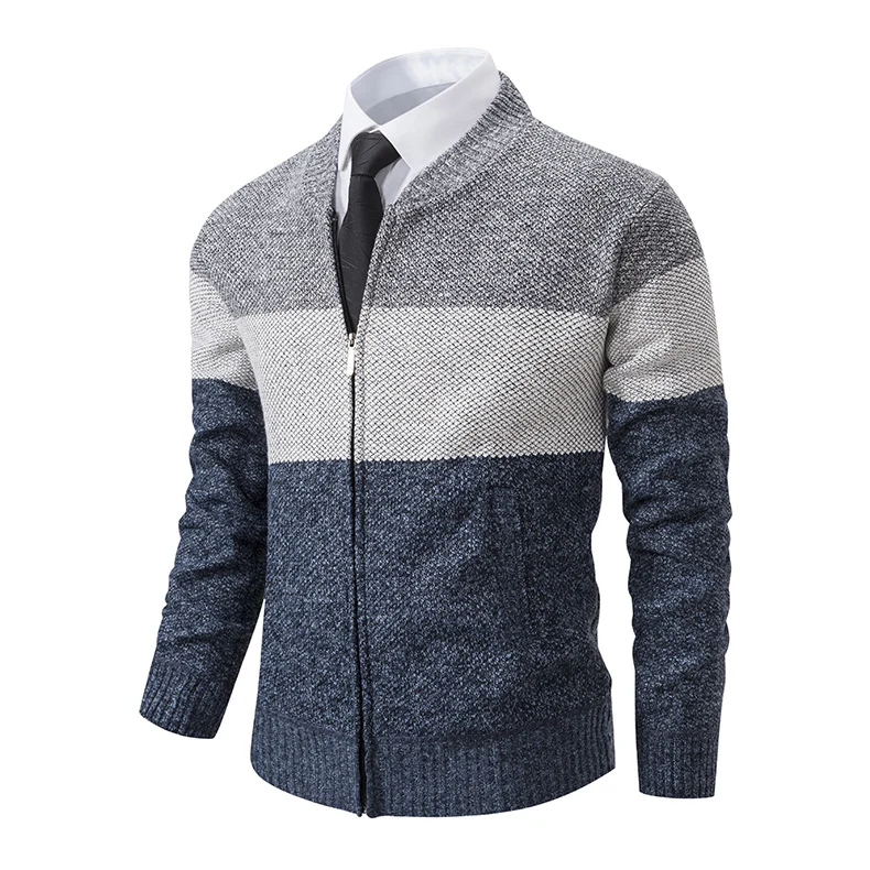 Herren Strukturierte Blockstreifen‑Strickjacke mit Frontzip, Stehkragen und Eingrifftaschen Nord Taschen