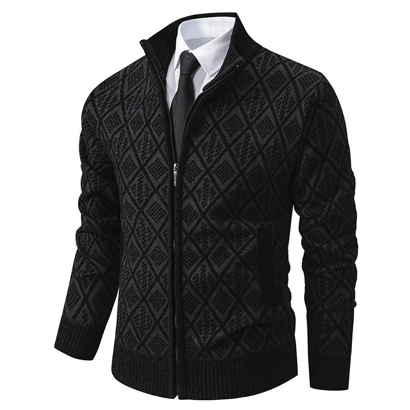 Herren Strickzipjacke mit Rautenmuster, Stehkragen und durchgehendem Reißverschluss Nord Taschen