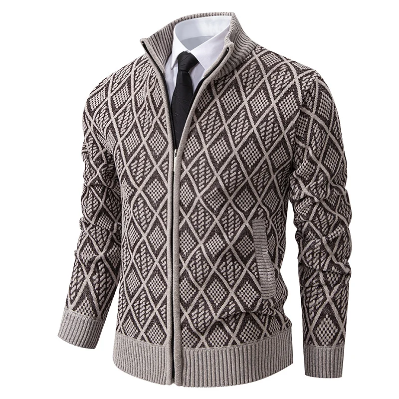 Herren Strickzipjacke mit Rautenmuster, Stehkragen und durchgehendem Reißverschluss Nord Taschen