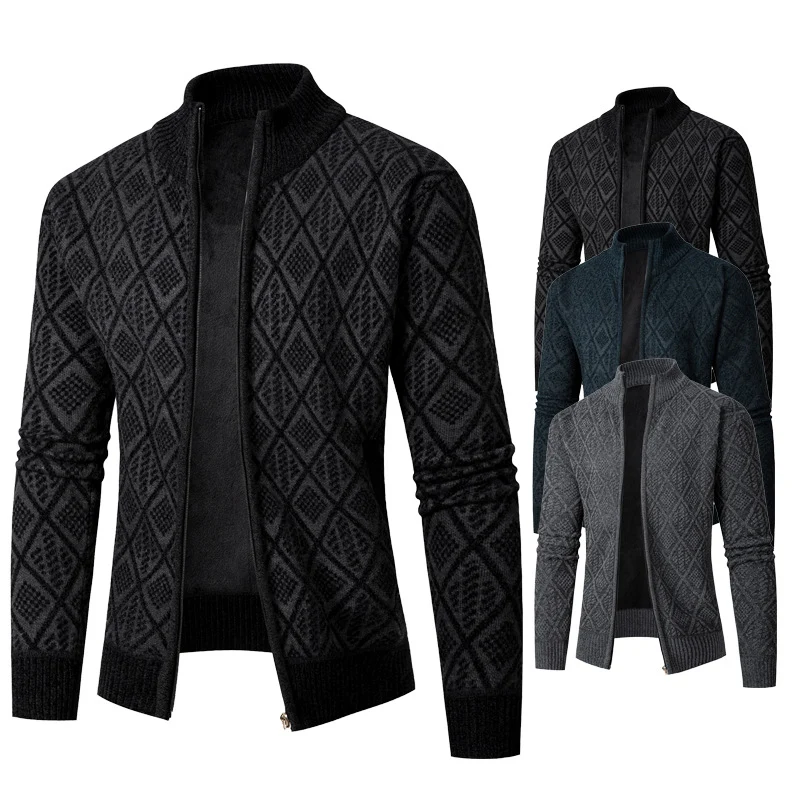 Herren Strickzipjacke mit Diamantjacquard, Stehkragen und Zweiwege-Reißverschluss Nord Taschen