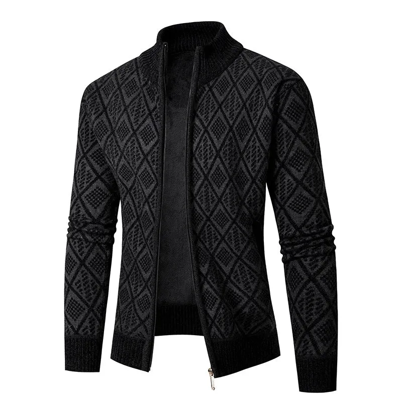 Herren Strickzipjacke mit Diamantjacquard, Stehkragen und Zweiwege-Reißverschluss Nord Taschen