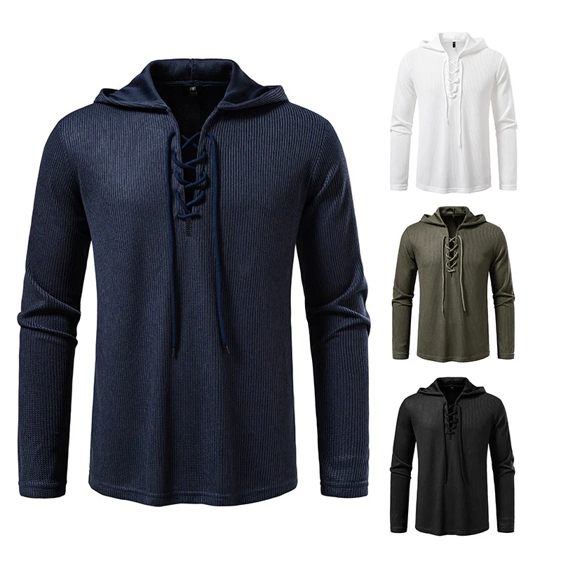 Herren Waffelstrick-Kapuzenpullover mit Schnürkragen und geradem Saum Nord Taschen