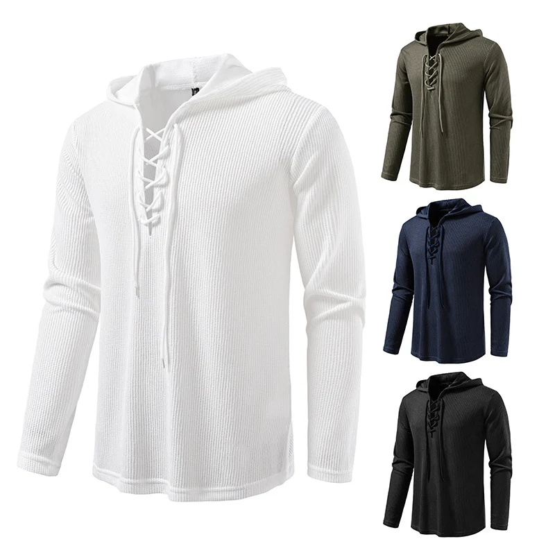 Herren Waffelstrick-Kapuzenpullover mit Schnürkragen und geradem Saum Nord Taschen