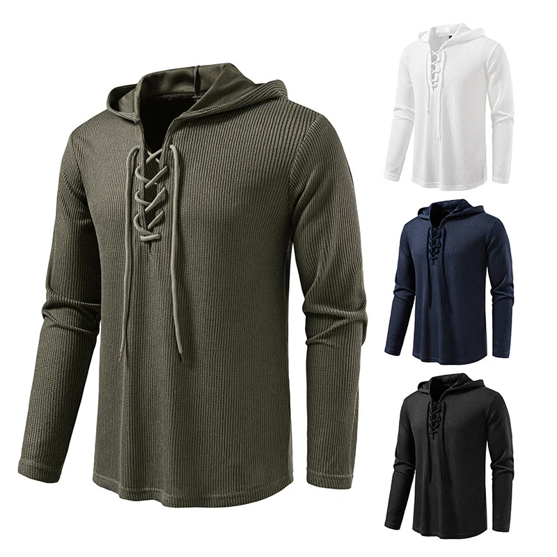 Herren Waffelstrick-Kapuzenpullover mit Schnürkragen und geradem Saum Nord Taschen
