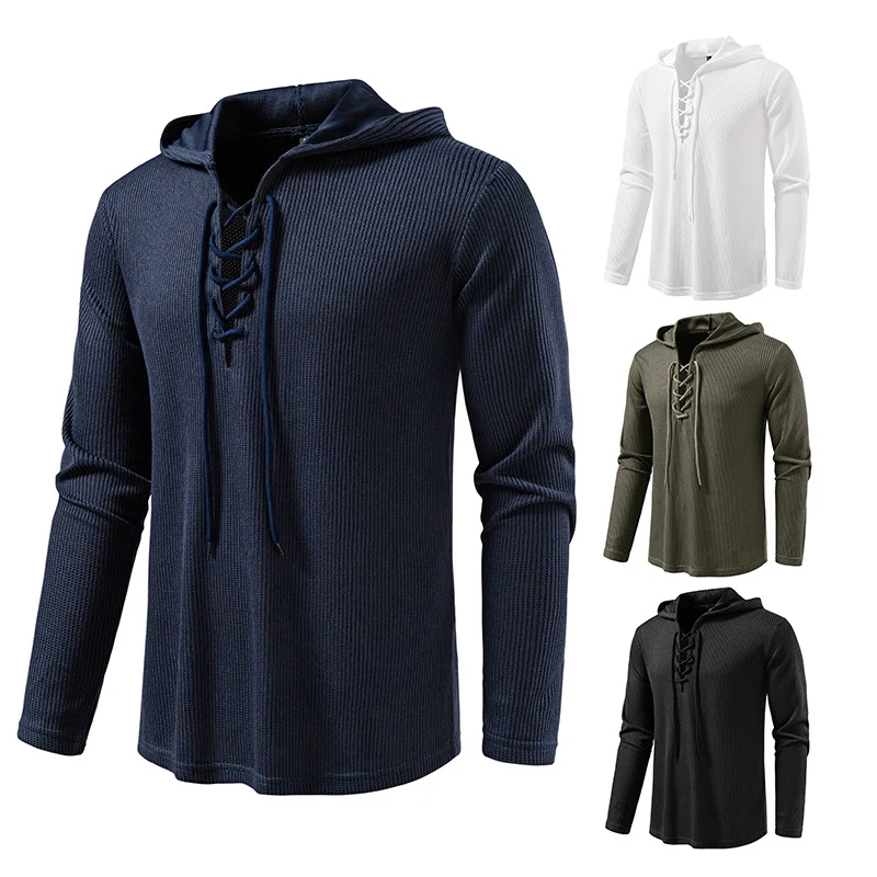 Herren Waffelstrick-Kapuzenpullover mit Schnürkragen und geradem Saum Nord Taschen