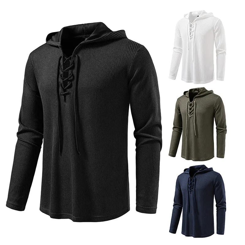 Herren Waffelstrick-Kapuzenpullover mit Schnürkragen und geradem Saum Nord Taschen