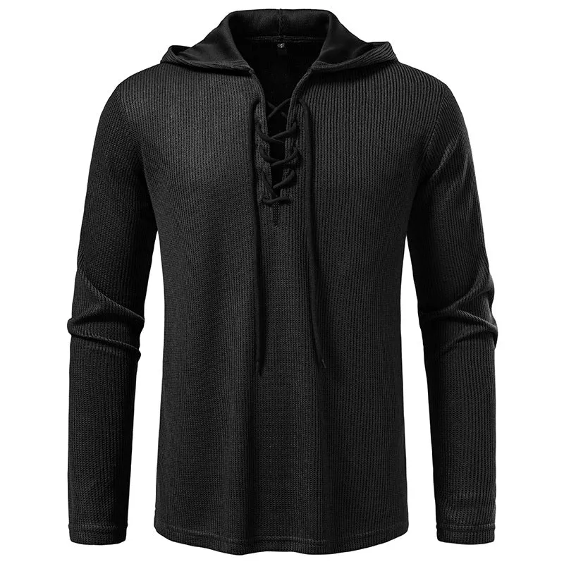 Herren Waffelstrick-Kapuzenpullover mit Schnürkragen und geradem Saum Nord Taschen