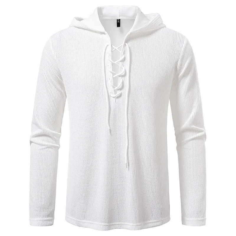 Herren Waffelstrick-Kapuzenpullover mit Schnürkragen und geradem Saum Nord Taschen