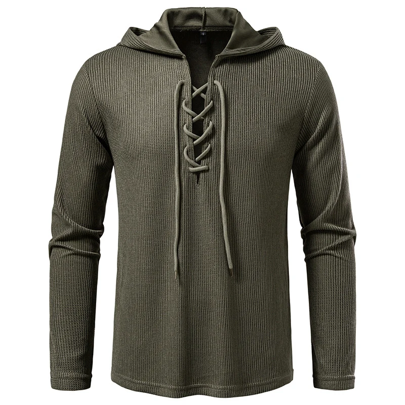 Herren Waffelstrick-Kapuzenpullover mit Schnürkragen und geradem Saum Nord Taschen