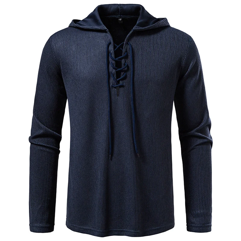 Herren Waffelstrick-Kapuzenpullover mit Schnürkragen und geradem Saum Nord Taschen