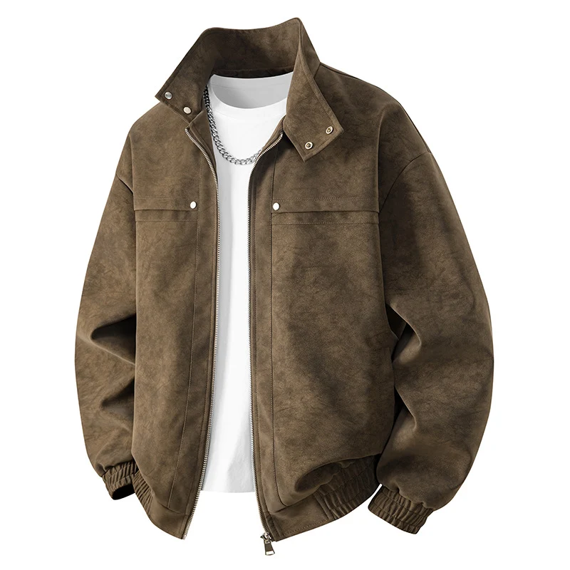 Herren Veloursleder‑Optik Bomberjacke mit Stehkragen, Reißverschluss und elastischem Saum Nord Taschen