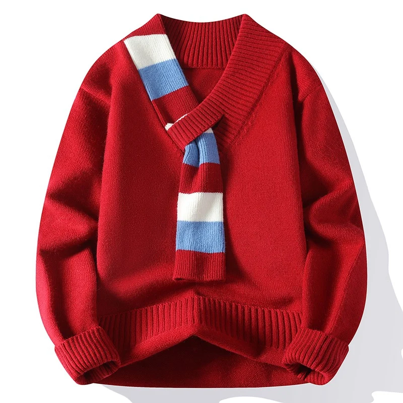 Herren V-Ausschnitt Strickpullover mit integriertem Kontraststreifen-Schal und gerippten Bündchen Nord Taschen