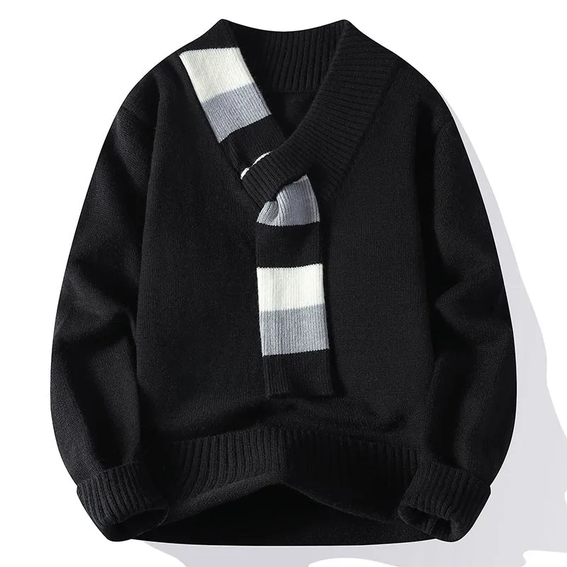 Herren V-Ausschnitt Strickpullover mit integriertem Kontraststreifen-Schal und gerippten Bündchen Nord Taschen