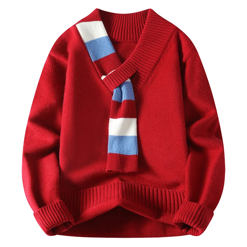 Herren V-Ausschnitt Strickpullover mit integriertem Kontraststreifen-Schal und gerippten Bündchen Nord Taschen