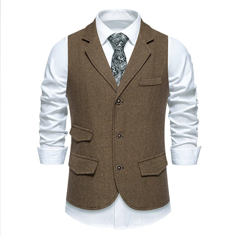 Herren Tweed-Weste mit Fischgrätstruktur, Reverskragen und Pattentaschen Nord Taschen