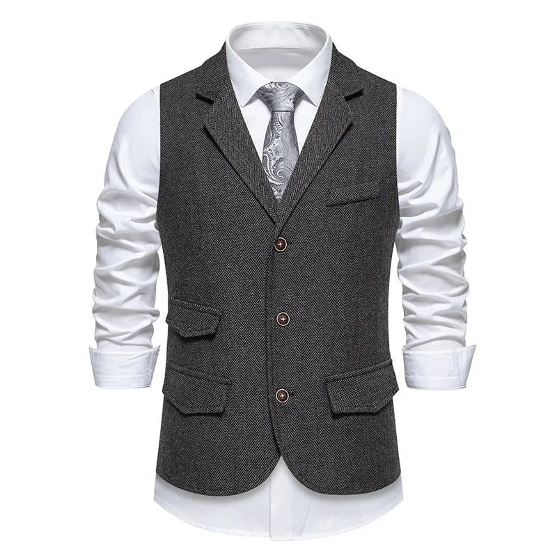 Herren Tweed-Weste mit Fischgrätstruktur, Reverskragen und Pattentaschen Nord Taschen