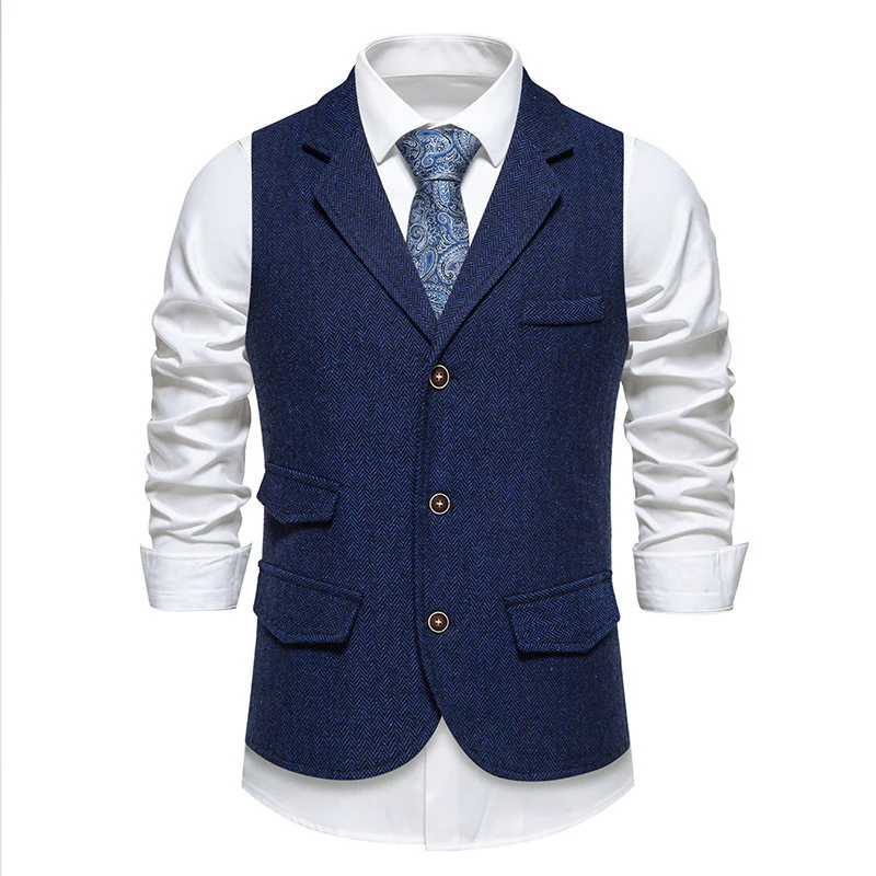 Herren Tweed-Weste mit Fischgrätstruktur, Reverskragen und Pattentaschen Nord Taschen