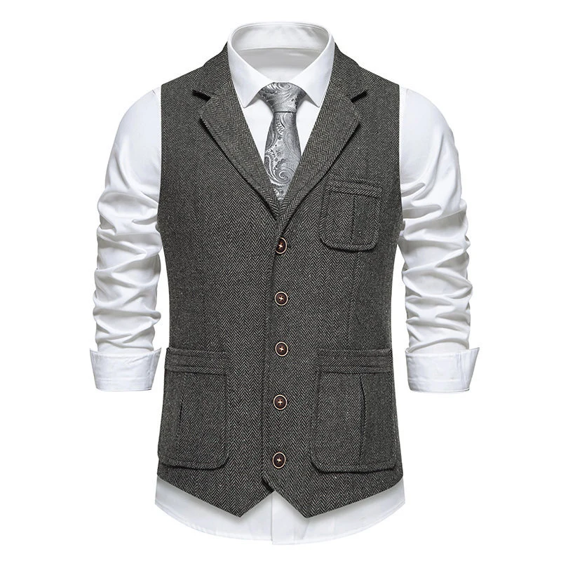 Herren Tweed-Weste mit Fischgrätmuster, Reverskragen und Pattentaschen Nord Taschen