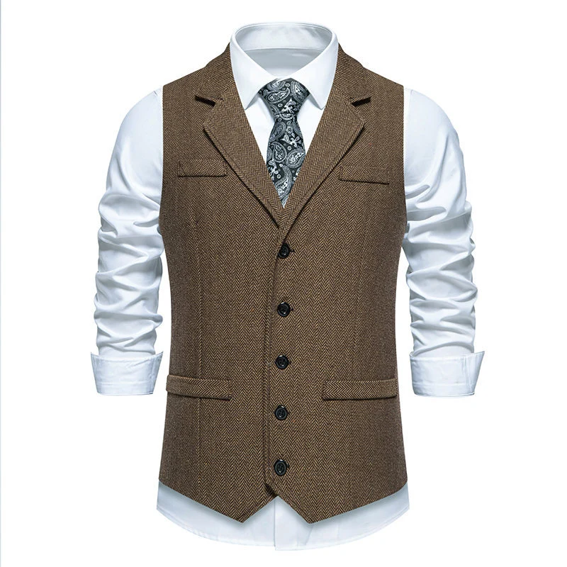 Herren Tweed-Weste mit Fischgrätmuster, Reverskragen und Pattentaschen Nord Taschen