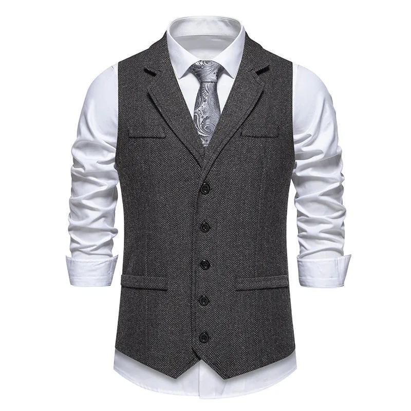 Herren Tweed-Weste mit Fischgrätmuster, Reverskragen und Pattentaschen Nord Taschen