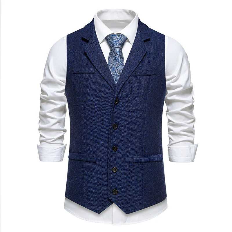 Herren Tweed-Weste mit Fischgrätmuster, Reverskragen und Pattentaschen Nord Taschen