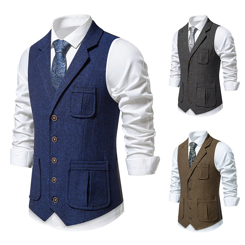 Herren Tweed‑Weste mit Fischgrätmuster, Reverskragen und aufgesetzten Taschen Nord Taschen