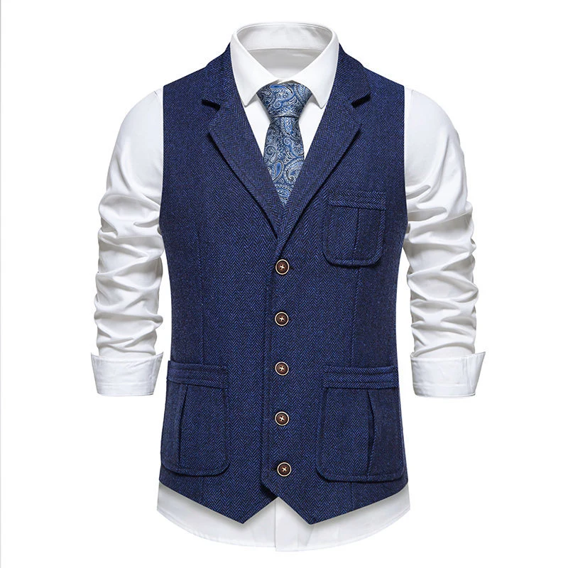 Herren Tweed‑Weste mit Fischgrätmuster, Reverskragen und aufgesetzten Taschen Nord Taschen
