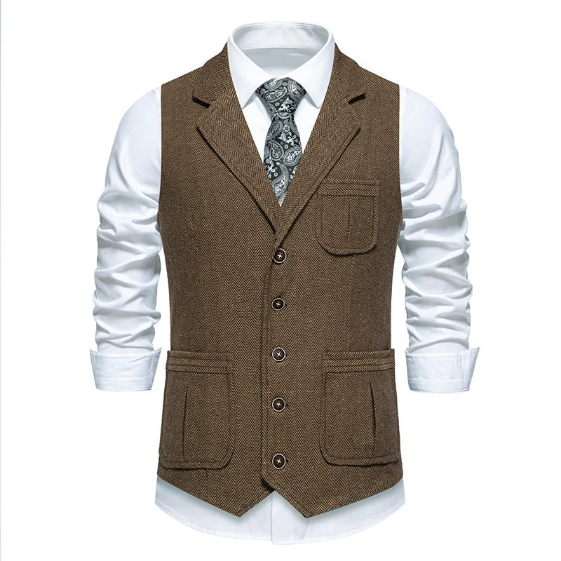 Herren Tweed‑Weste mit Fischgrätmuster, Reverskragen und aufgesetzten Taschen Nord Taschen