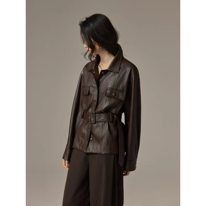 Damen Hemdjacke aus Lederoptik mit tailliertem Gürtel Nord Taschen