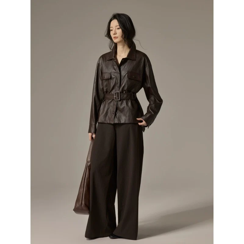 Damen Hemdjacke aus Lederoptik mit tailliertem Gürtel Nord Taschen