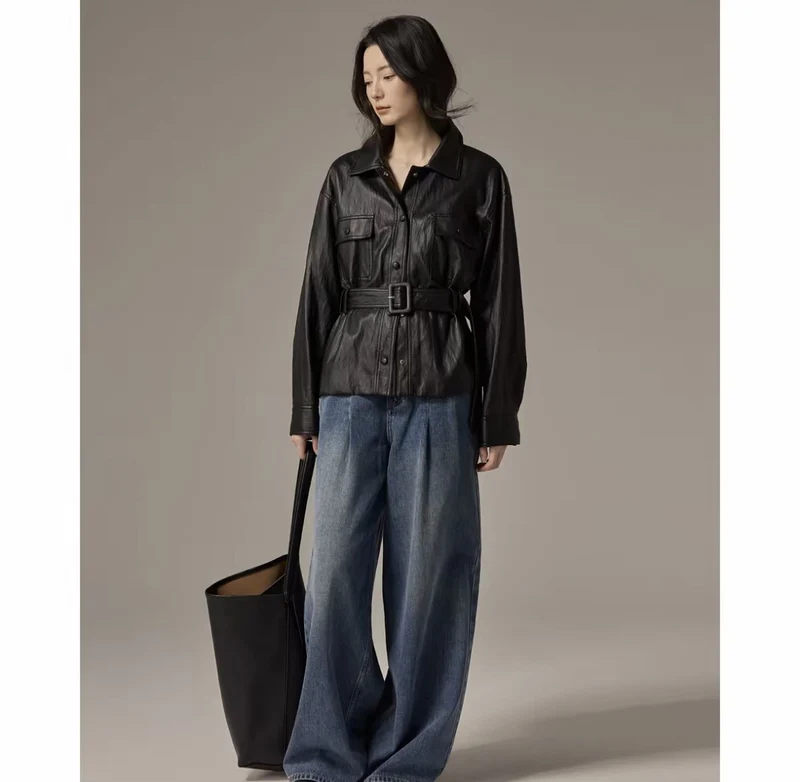 Damen Hemdjacke aus Lederoptik mit tailliertem Gürtel Nord Taschen