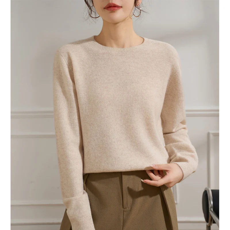 Damen Feiner Rundhals-Pullover aus Kaschmir-Mix mit gerippten Bündchen Nord Taschen