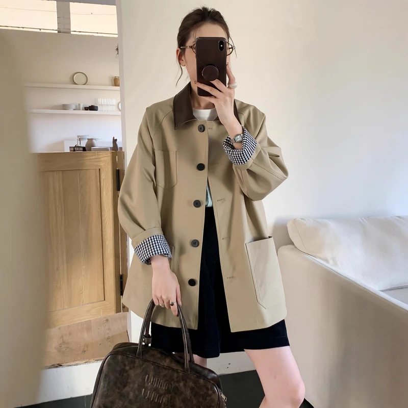 Damen Leichte Oversize-Übergangsjacke mit Kontrastkragen und kariertem Ärmelsaum Nord Taschen